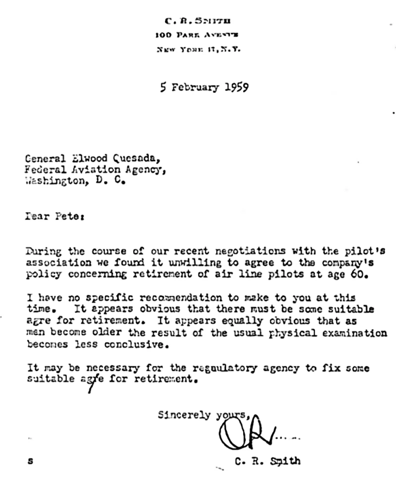 Age 60 letter from AA C. R. Smith to FAA